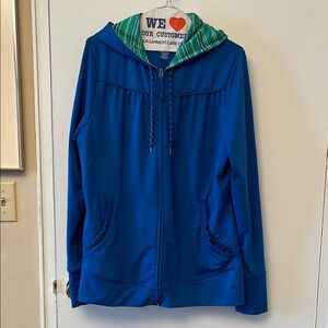Blue Zip-Up Hoodie with Green Striped Hood w/ ruffle pockets & flattering seams!